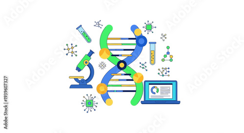 DNA, Biotechnology, and Scientific Research Illustration with Lab Equipment and Data Analysis