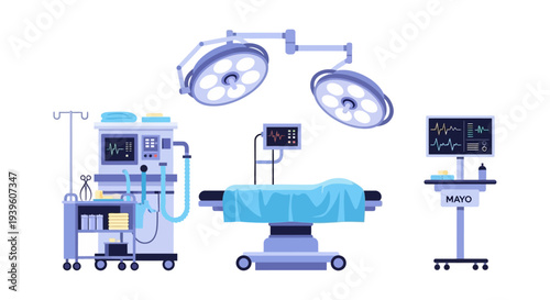 Modern Operating Room Medical Equipment Illustration: Surgical Table, Lights, Anesthesia Machine, and Patient Monitor