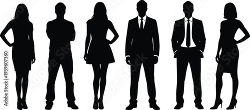 Professional business team silhouettes standing in a row together for corporate workforce diversity group success and career management leadership on white background.