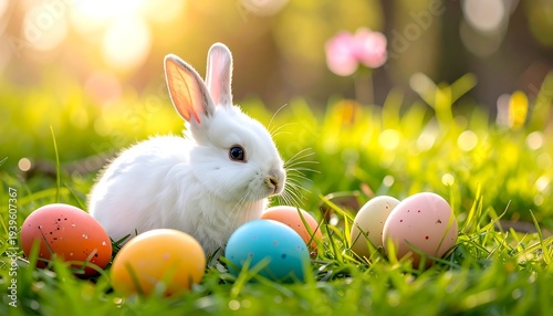 White bunny rests amidst colored Easter eggs on lush, green grass under soft, golden sunlight