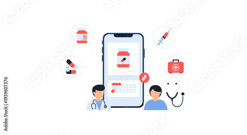 Mobile Healthcare App Concept: Online Doctor Consultation, Pharmacy Services, and Medical Appointments via Smartphone