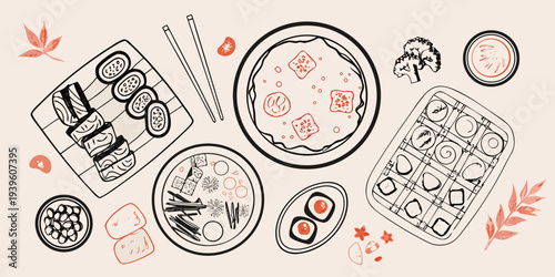 A flat lay illustration of various japanese dishes and decorative elements