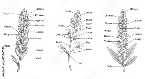 Labeled botanical illustration comparing three inflorescences, showing parts of grass and other flowering spikes with individual florets, bracts, stamens and pistils, used to study structure and termi