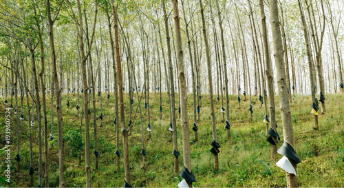 Rubber tree plantation with collection bags for latex harvesting