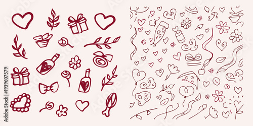 Hand drawn doodle collection featuring hearts flowers gifts and botanical elements