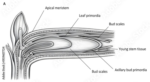 Diagram of a vegetative bud showing apical meristem, young stem tissue, protective bud scales, leaf primordia and axillary bud primordia, illustrating early shoot development and arrangement of new le