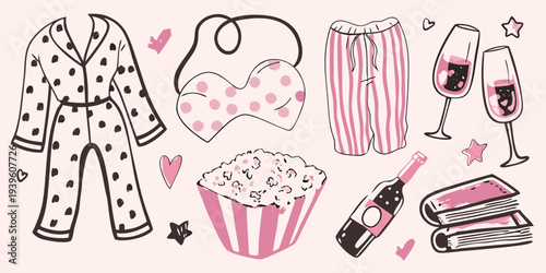 A collection of illustrated items for a relaxing girls night in