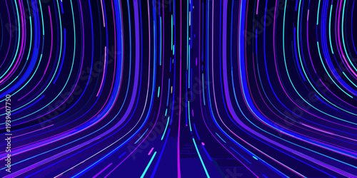 Abstract digital tunnel composed of vibrant neon light streaks
