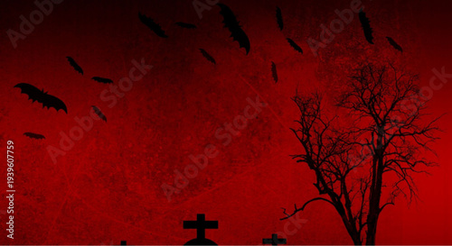 Spooky Halloween background with bats and graveyard at night