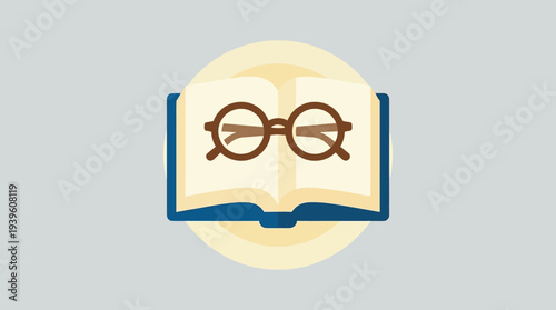 An open book with glasses on a light background viewed from directly above in a minimalist style