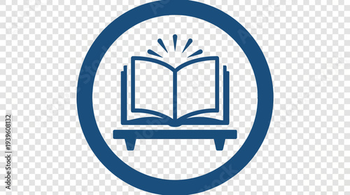 An open book on a stand depicted in a simple flat vector icon with a circular border