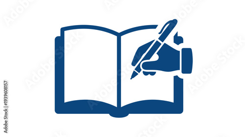 A Writer's Desk Setup with Open Book and Quill Pen in a Flat Vector Icon Style