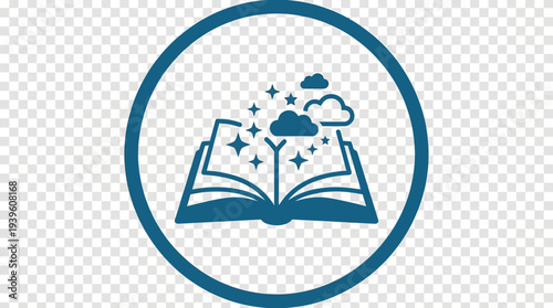 An open book with magical elements inside a circular frame