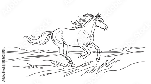 Line Art Illustration of a Majestic Horse Galloping Through a Field of Grass