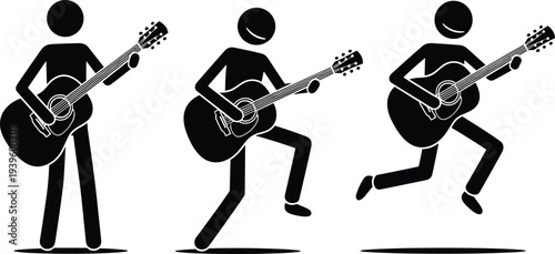Set of Three Stick Figure Musician Icons Playing Acoustic Guitar in Different Poses Isolated on White Background for Music Lessons Performance and Creative Entertainment Branding