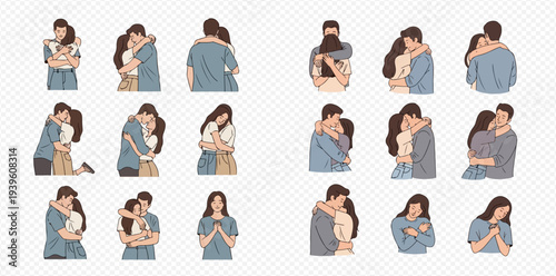Collection of illustrations depicting couples hugging and showing affection, representing love, comfort, and emotional connection.