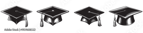 Four black graduation caps with tassels, .
