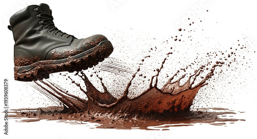 Close-up of a Hiking Boot Stepping into Water Splash.