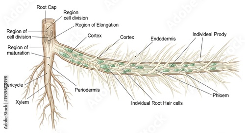 Longitudinal diagram of a young plant root tip showing root cap, regions of cell division, elongation and maturation, cortex, endodermis, pericycle, xylem, phloem and numerous root hairs for studying 