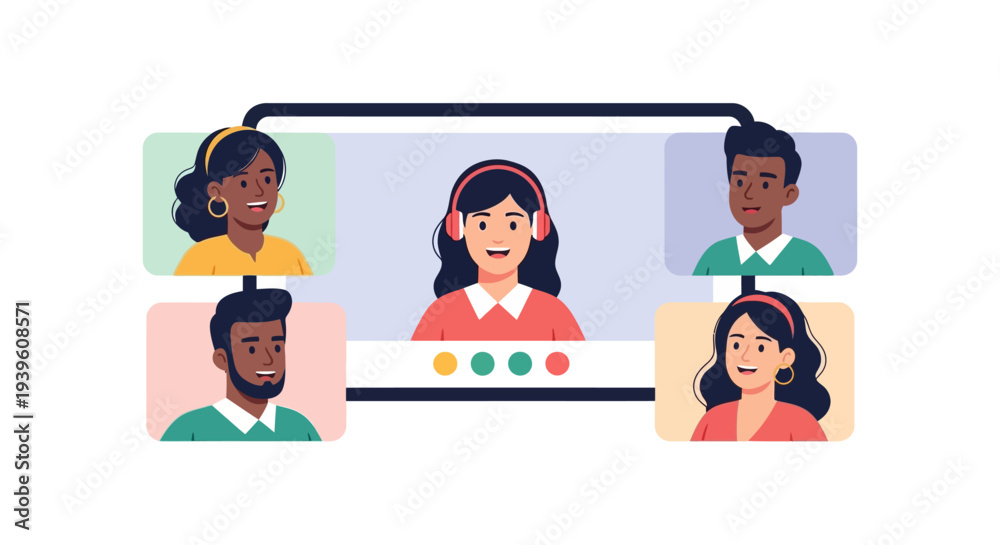Fototapeta premium Diverse Team Video Conference Call Illustration for Remote Work & Online Collaboration