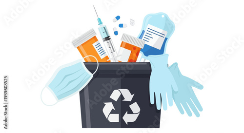 Medical Waste Disposal and Recycling Concept. Used Healthcare Supplies: Syringe, Mask, Gloves, and Pills in a Recycle Bin.