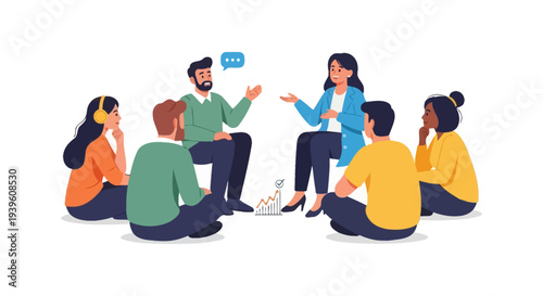 Diverse Business Team Collaboration and Brainstorming Session with Growth Chart Illustration