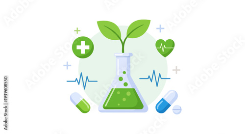 Natural Medicine Research & Development Concept. Plant-Based Pharmacy, Herbal Remedies, Health Science Illustration