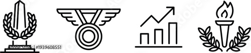Achievement and success icon set with trophy monument, medal, growth chart and victory torch line vector symbols for business progress