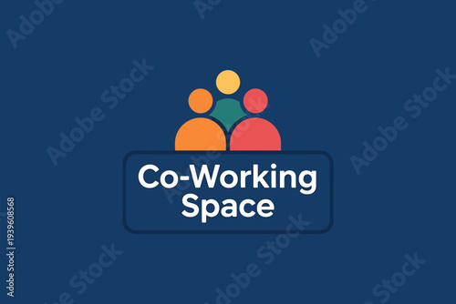 Coworking space logo with people icons and text on blue background