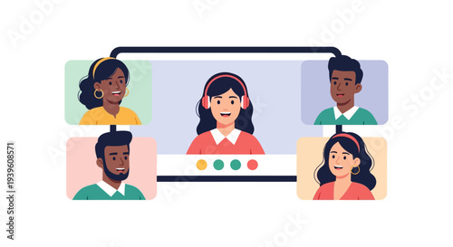 Diverse Team Video Conference Call Illustration for Remote Work & Online Collaboration