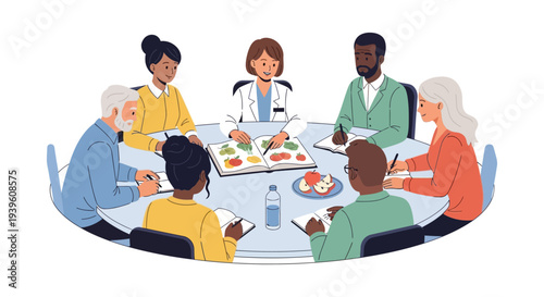 Expert Nutritionist Guides Diverse Group in Healthy Eating and Diet Planning Workshop, Promoting Wellness and Balanced Lifestyles