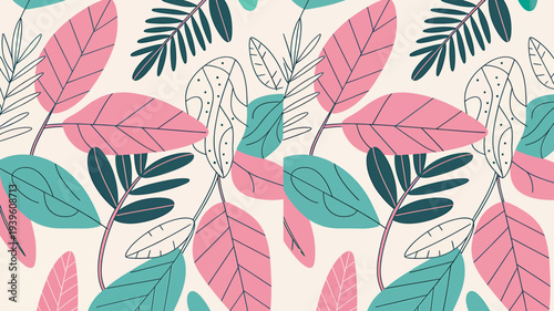 Colorful illustration of various leaves on branches in pink green and white hues