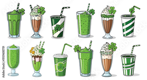 Collection of green milkshakes and desserts with various toppings and straws.