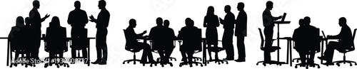 Business meeting silhouettes collection, office team discussion, corporate people working together, black vector illustration isolated on white background