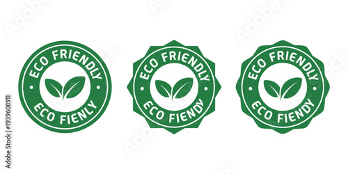 Eco friendly labels with green leaves on white background  eco friendly icons set