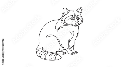Charming outline illustration of a sitting raccoon, captured with clean lines and detailed features, reflecting its wild nature and distinctive mask