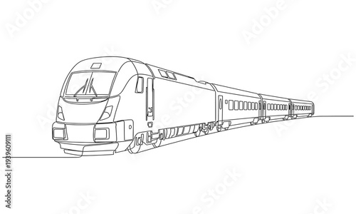 Traveling by train minimalist black linear sketch isolated on white background. Modern metro subway train for urban underground transportation