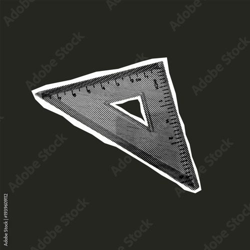 Triangular set square ruler cutout in black and white halftone style isolated on dark background.
