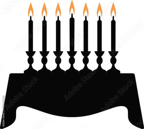 Menorah with seven lit candles in traditional holder