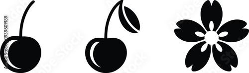 Cherry fruit and blossom silhouette icon set sweet berry with leaf and flower black vector illustration collection isolated design