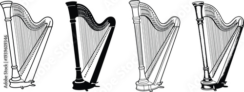 Classic harp musical instrument illustration set with outline, silhouette and engraved styles, elegant orchestral string instrument vector isolated on white background