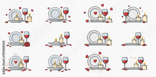 Set of romantic dinner illustrations with wine, candles, and rose petals for Valentine's Day.