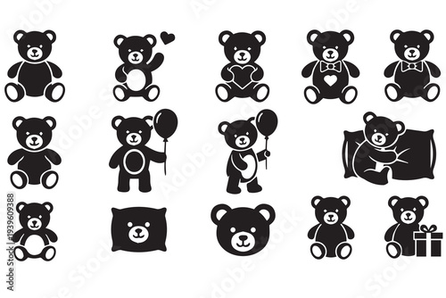 Quadro em tela Cute Teddy Bear Icons Set: Black Silhouette Plush Toy Vector Collection