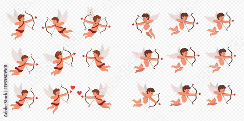 Set of cute Cupid characters with bows and arrows, symbolizing love and romance for Valentine's Day.