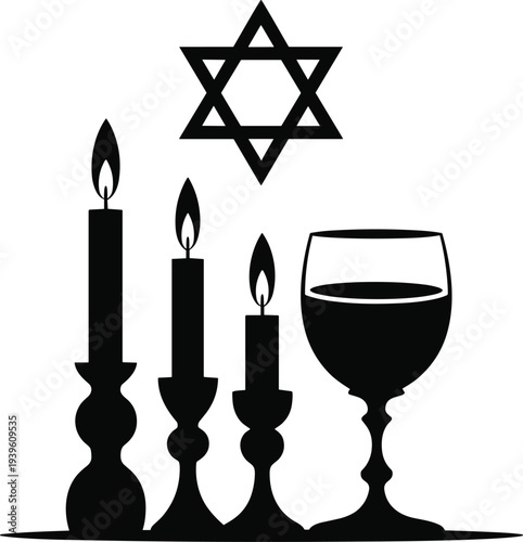 Traditional Jewish symbols including Star of David and Shabbat candles with wine