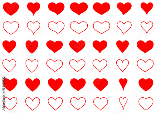 Red heart icon set. Heart, hearts, love, valentine, romantic, romance, symbol, shape, red, outline, filled, couple, relationship. Filled and line heart shapes for wedding decoration design, vector 