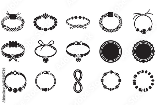 Black Jewelry Icons Set: Bracelets, Bangles, and Wristbands Vector Collection
