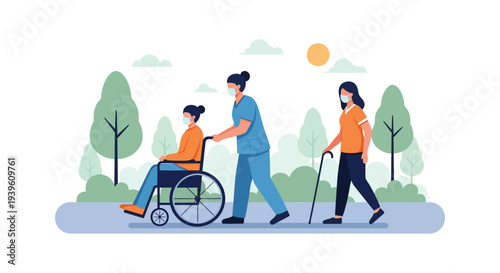 Healthcare support and elderly care: nurse assisting patient in wheelchair and woman with cane walking in park, all wearing medical masks. Disability inclusivity outdoors.