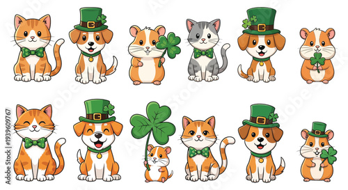 Cartoon cats and dogs celebrating St. Patrick's Day with green hats and accessories.