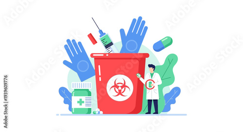 Medical Biohazard Waste Disposal. Doctor Safely Managing Syringes, Gloves, and Pills in a Red Sharps Container. Healthcare Waste Management Concept.